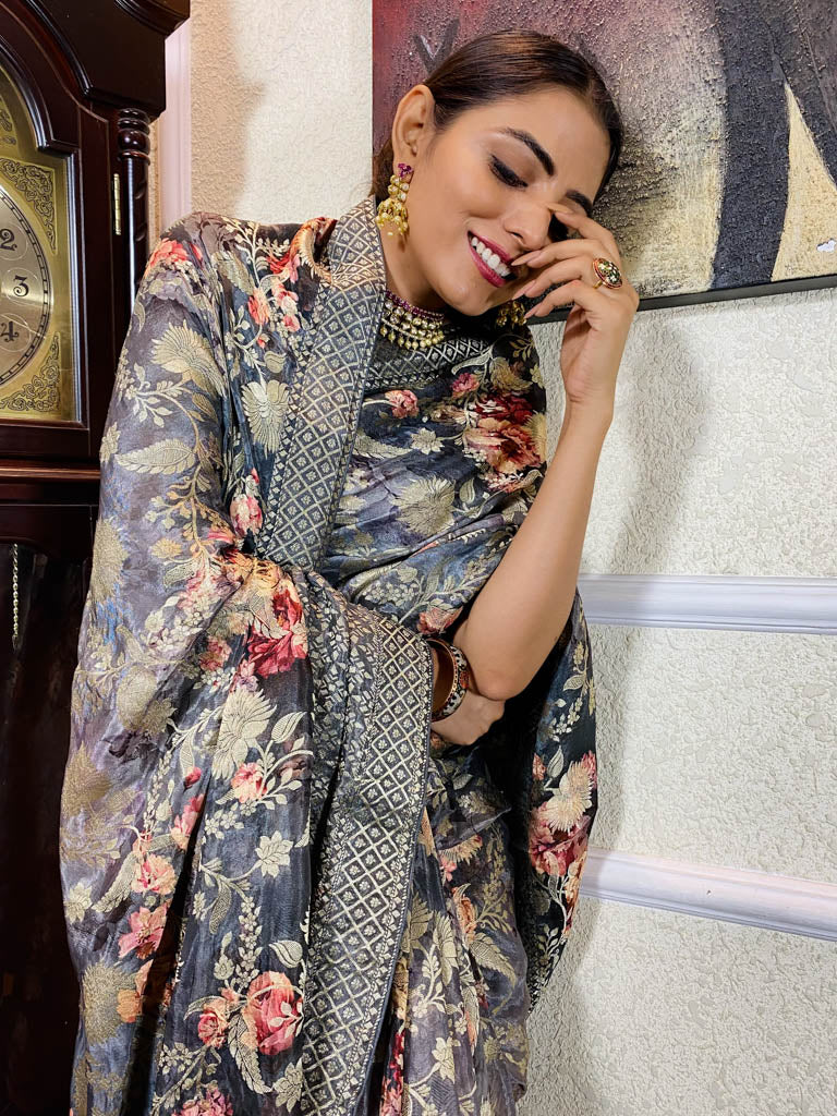 Fossil Grey Designer Banarasi Silk Saree