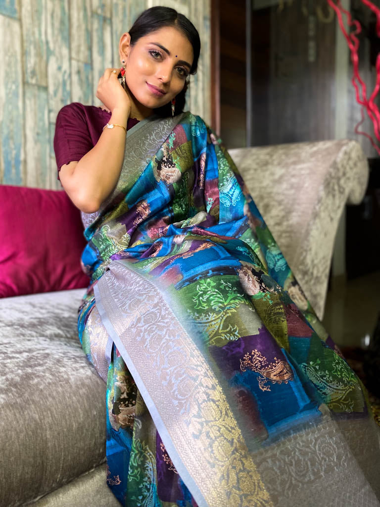 Azure Blue Uppada Cotton Silk Saree