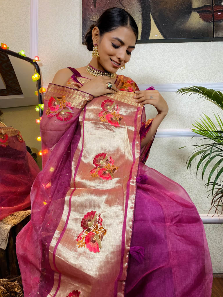 Magenta Purple Organza Silk Saree