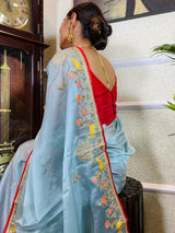 Ocean Blue Organza Crape Silk Saree
