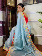 Ocean Blue Organza Crape Silk Saree