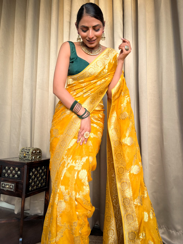 Mustard yellow Banarasi Khaddi Weaved Georgette Saree
