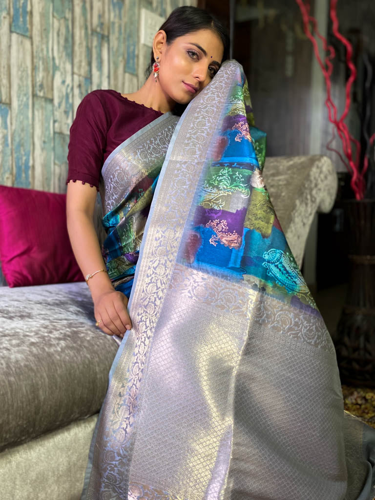 Azure Blue Uppada Cotton Silk Saree