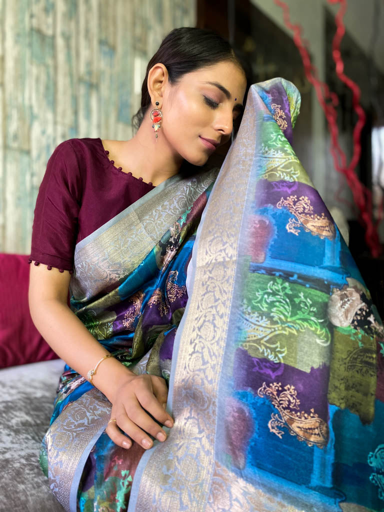 Azure Blue Uppada Cotton Silk Saree