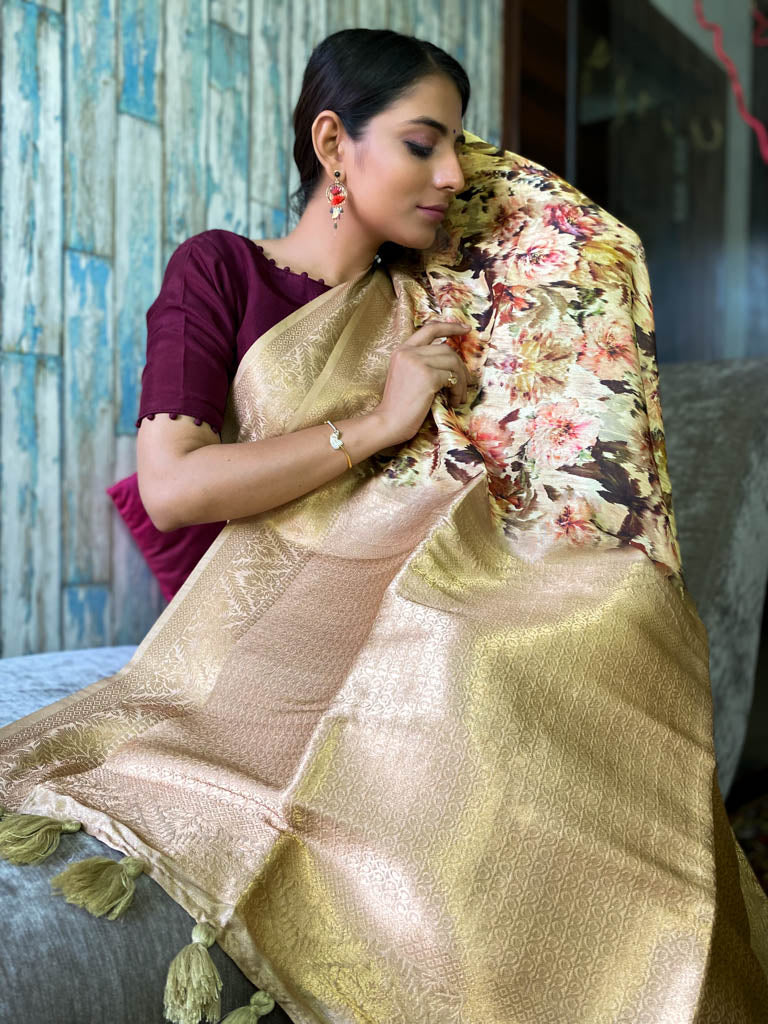 Fawn Yellow Uppada Cotton Silk Saree