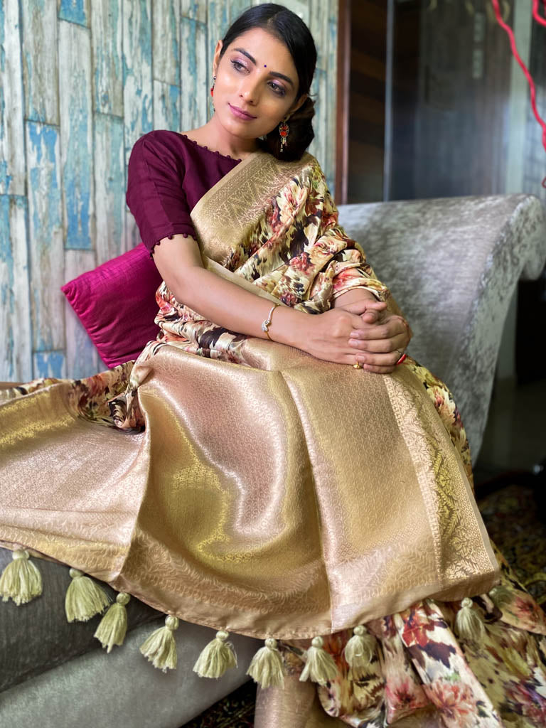 Fawn Yellow Uppada Cotton Silk Saree