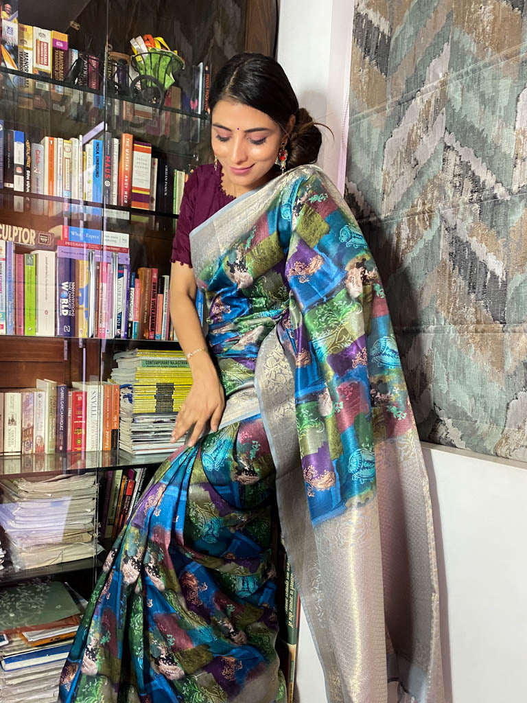 Azure Blue Uppada Cotton Silk Saree