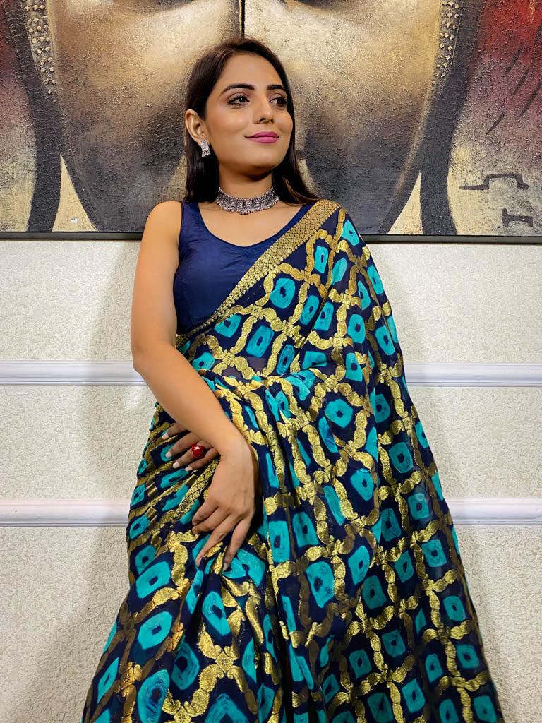 Admiral Blue Georgette Bandhej Saree