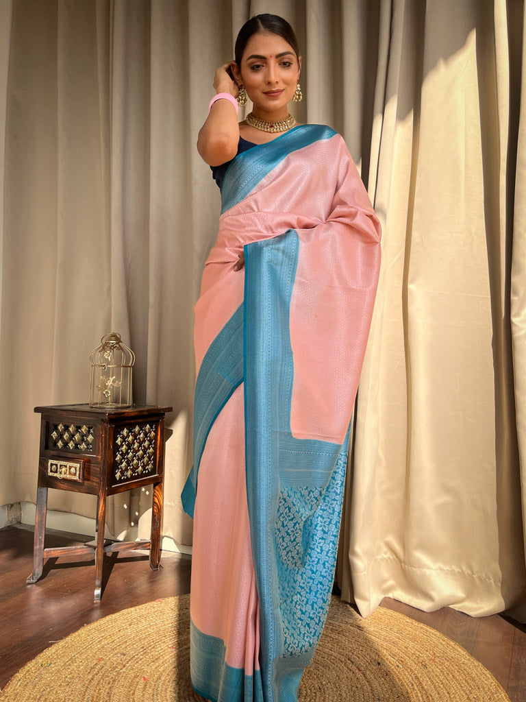 Peach Pink Antique Silver Kanjeevaram Silk Saree