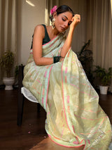 Lime Green French Organza Silk Saree