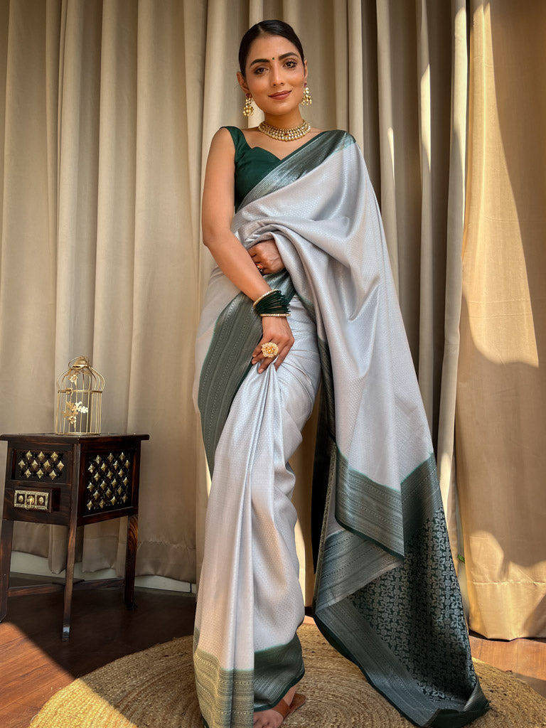 Metallic Grey Antique Silver Kanjeevaram Silk Saree