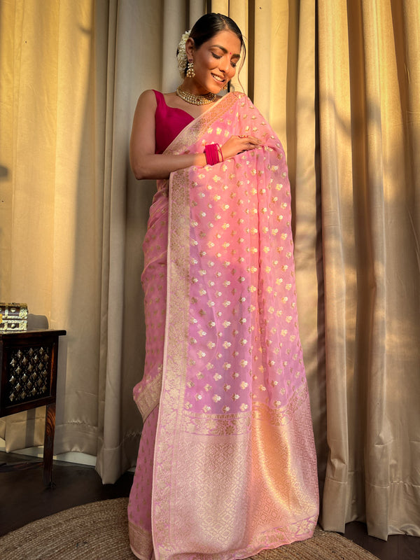 Baby Pink Banarasi Khaddi Weaved Georgette Saree