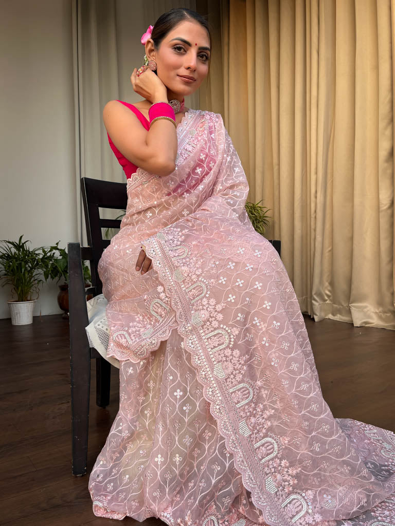 Flamingo Pink Organza Silk Saree with Scalloped Border