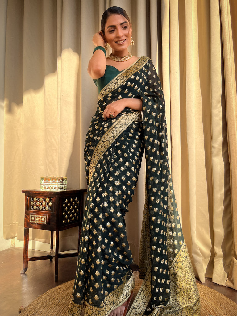 Bottle Green Banarasi Khaddi Weaved Georgette Saree