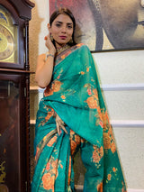 Ocean Green Linen Sequined Saree
