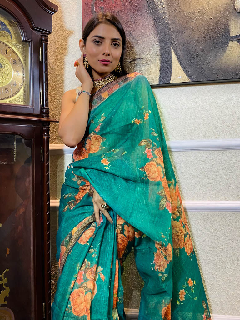 Ocean Green Linen Sequined Saree