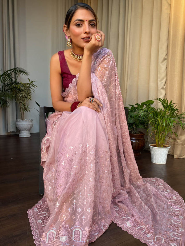 Blush Pink Organza Silk Saree with Scalloped Border