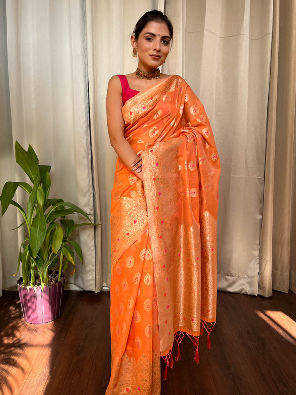 Carrot Orange Meenakari Cotton Silk Saree