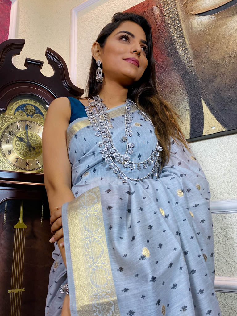 Stone Blue Uppada Cotton Silk Saree