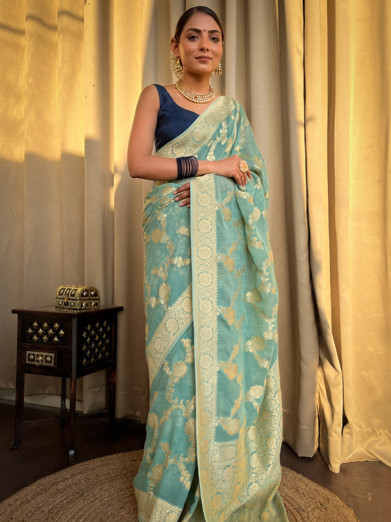 French green Banarasi Khaddi Weaved Georgette Saree