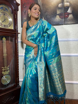 Teal Blue Banarasi Handloom Silk Saree
