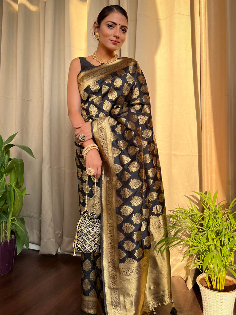 Midnight Black Banarasi Silk Saree