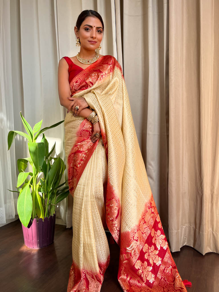 Off White Red Banarasi Silk Saree