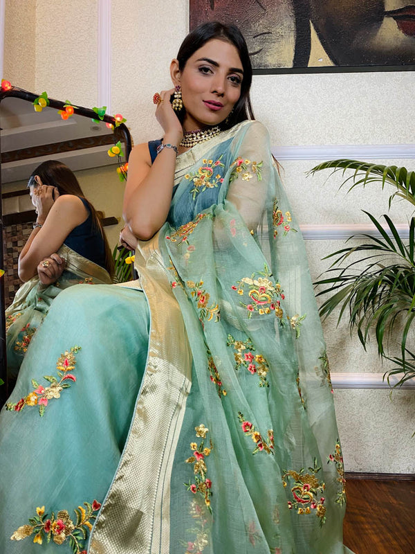 Teal Blue Organza Silk Saree