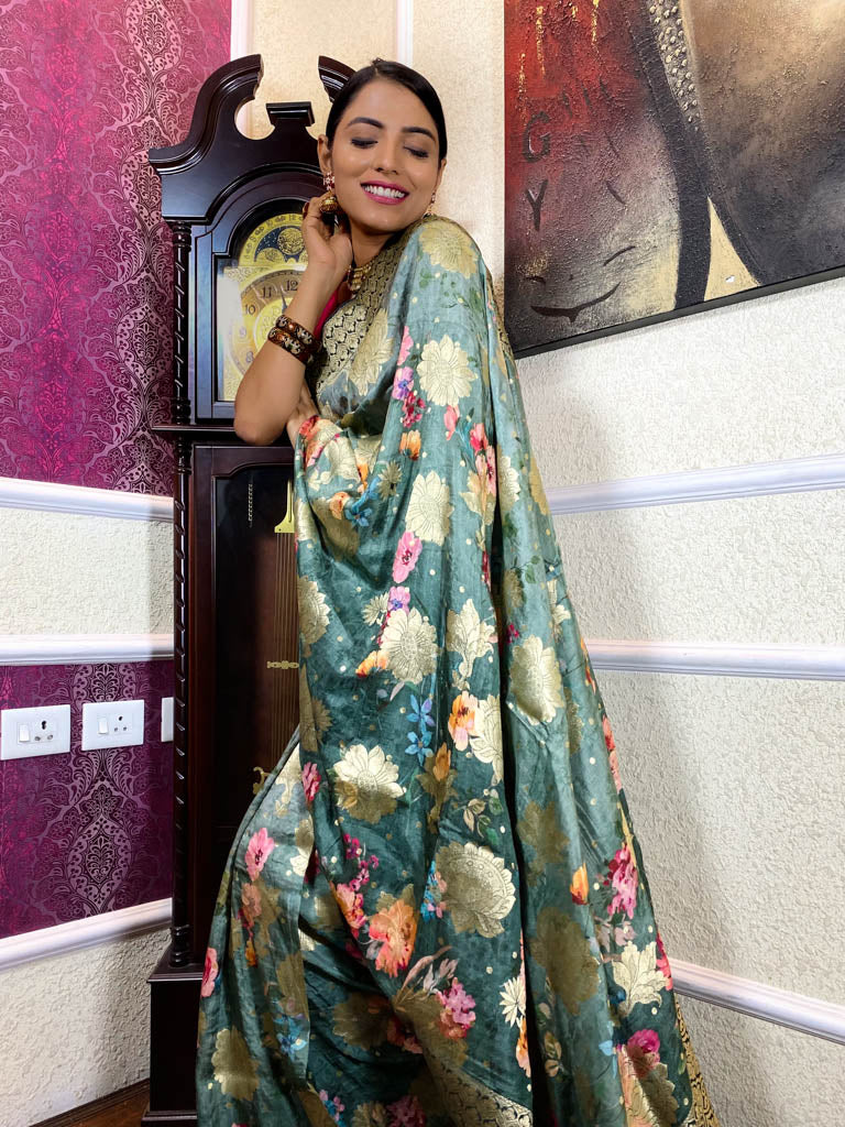 Moss Green Designer Banarasi Silk Saree