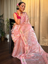 Salmon Pink French Organza Silk Saree
