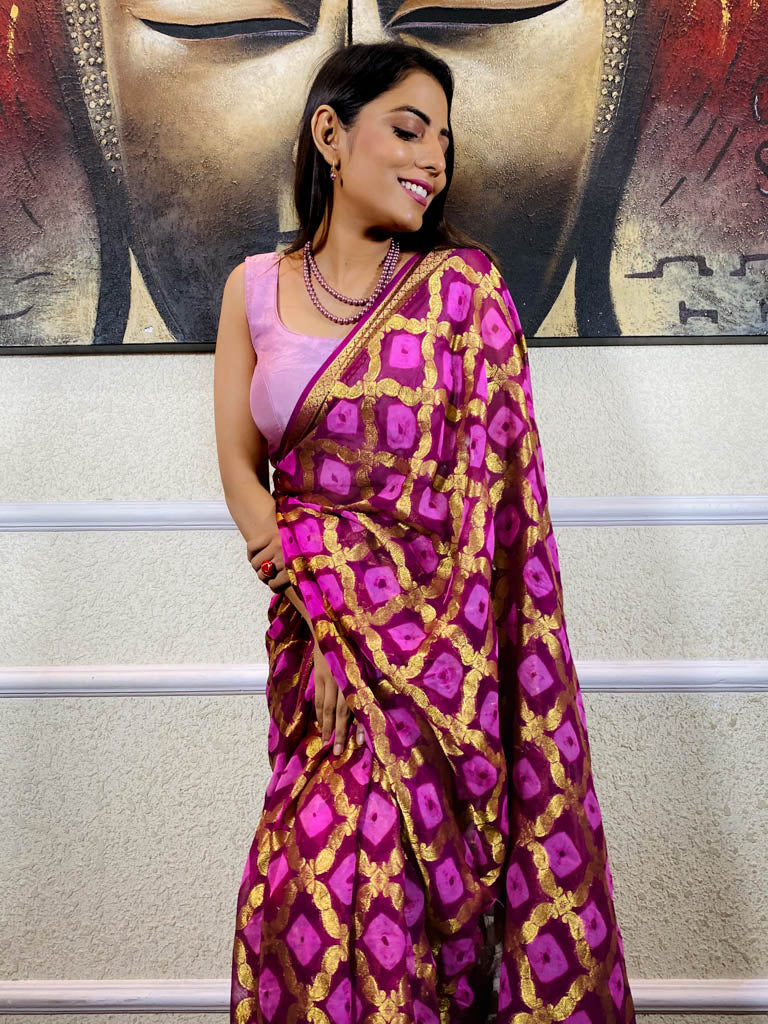 Mulberry Wine Georgette Bandhej Saree