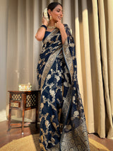 Midnight Blue Banarasi Khaddi Weaved Georgette Saree