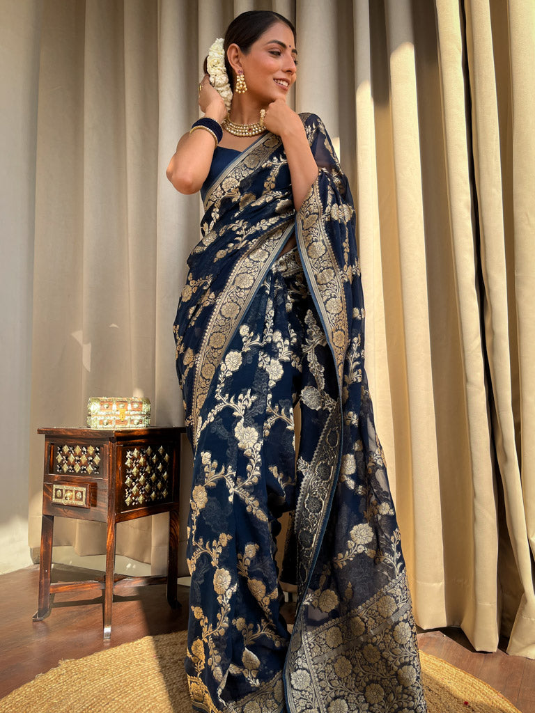 Midnight Blue Banarasi Khaddi Weaved Georgette Saree