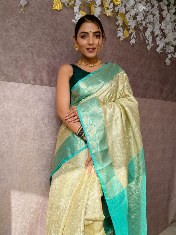 Cream White Tissue Silk Saree