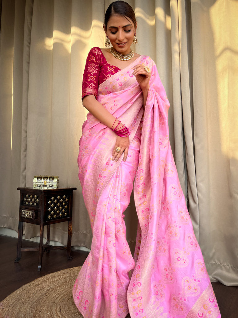Baby Pink Meenakari Banarasi Uppada Silk Saree