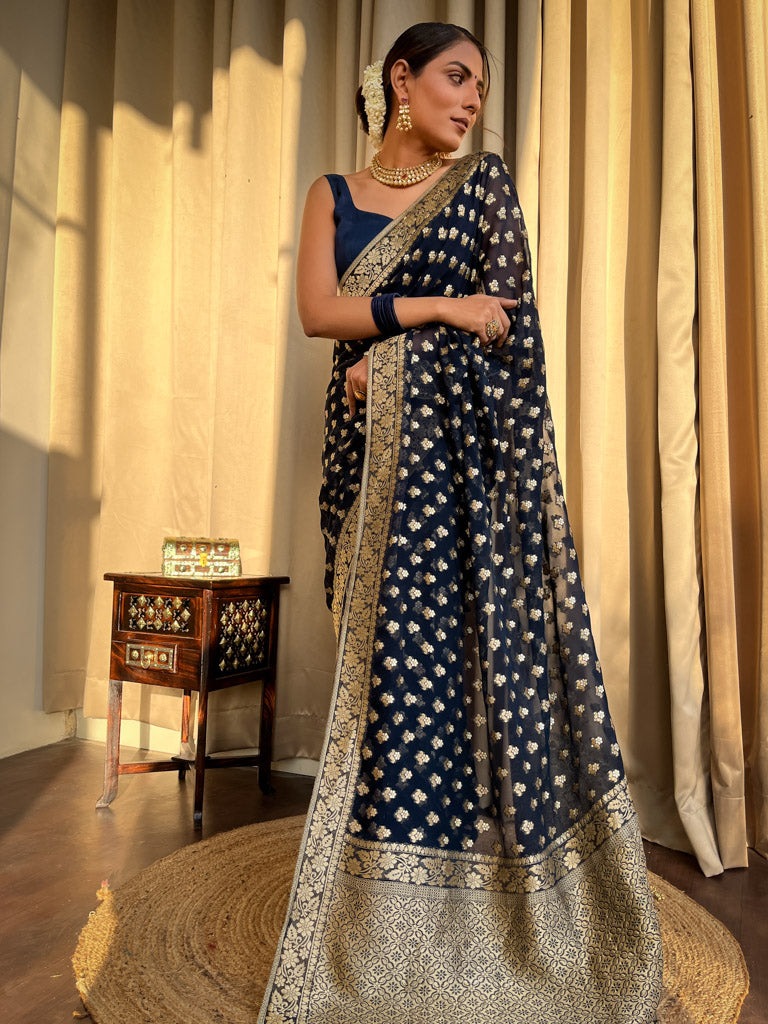 Midnight Blue Banarasi Khaddi Weaved Georgette Saree