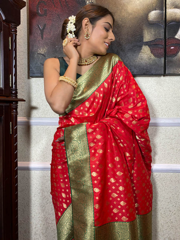 Scarlet Red Banarasi Silk Saree