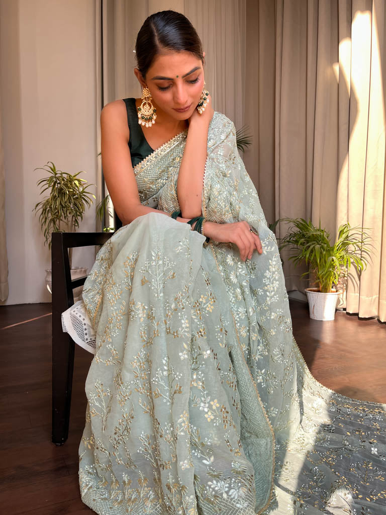 Fern Green Gota Embroidery French Georgette Saree