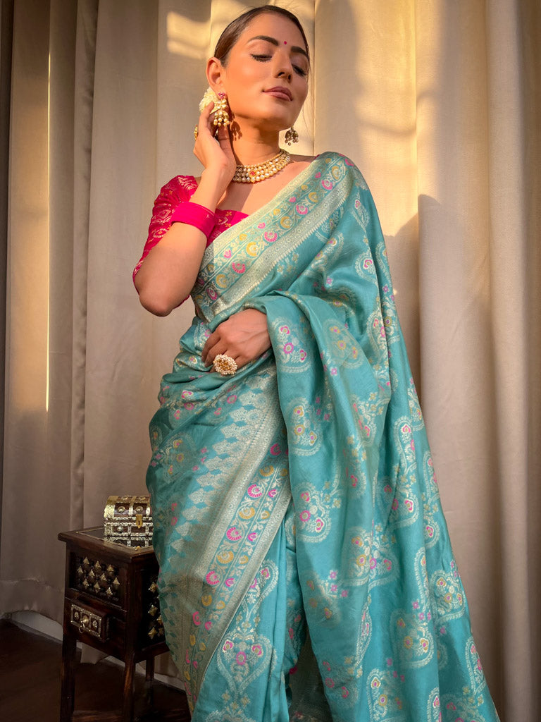 Turquoise Green Meenakari Banarasi Uppada Silk Saree