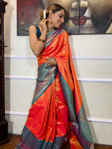 Carrot Orange Kanjeevaram Silk Banarasi Handloom Saree