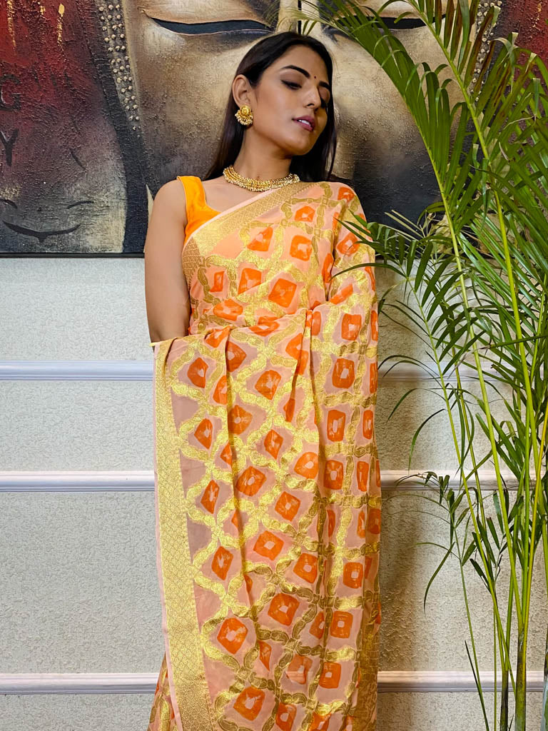 Pastel Orange Georgette Bandhej Saree