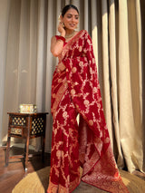 Scarlet Red Banarasi Khaddi Weaved Georgette Saree