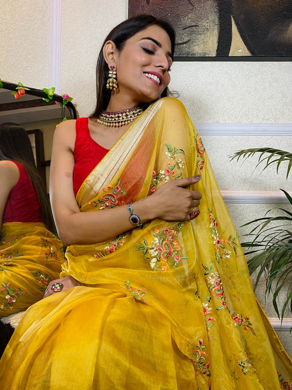 Canary Yellow Organza Silk Saree