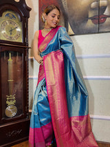 Azure Blue Kanjeevaram Silk Banarasi Handloom Saree