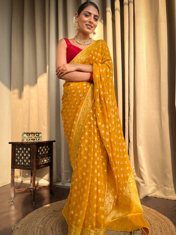 Mustard Yellow Banarasi Khaddi Weaved Georgette Saree