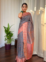 Spruce Blue Naturally Dyed Bagru Cotton Silk Saree