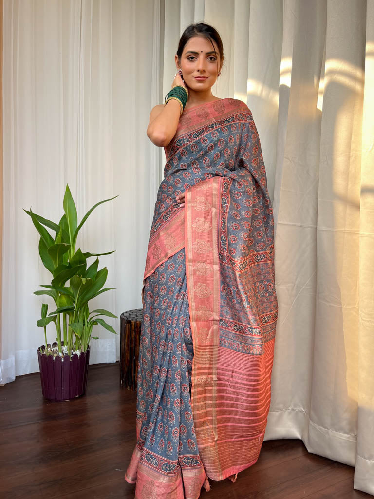 Spruce Blue Naturally Dyed Bagru Cotton Silk Saree