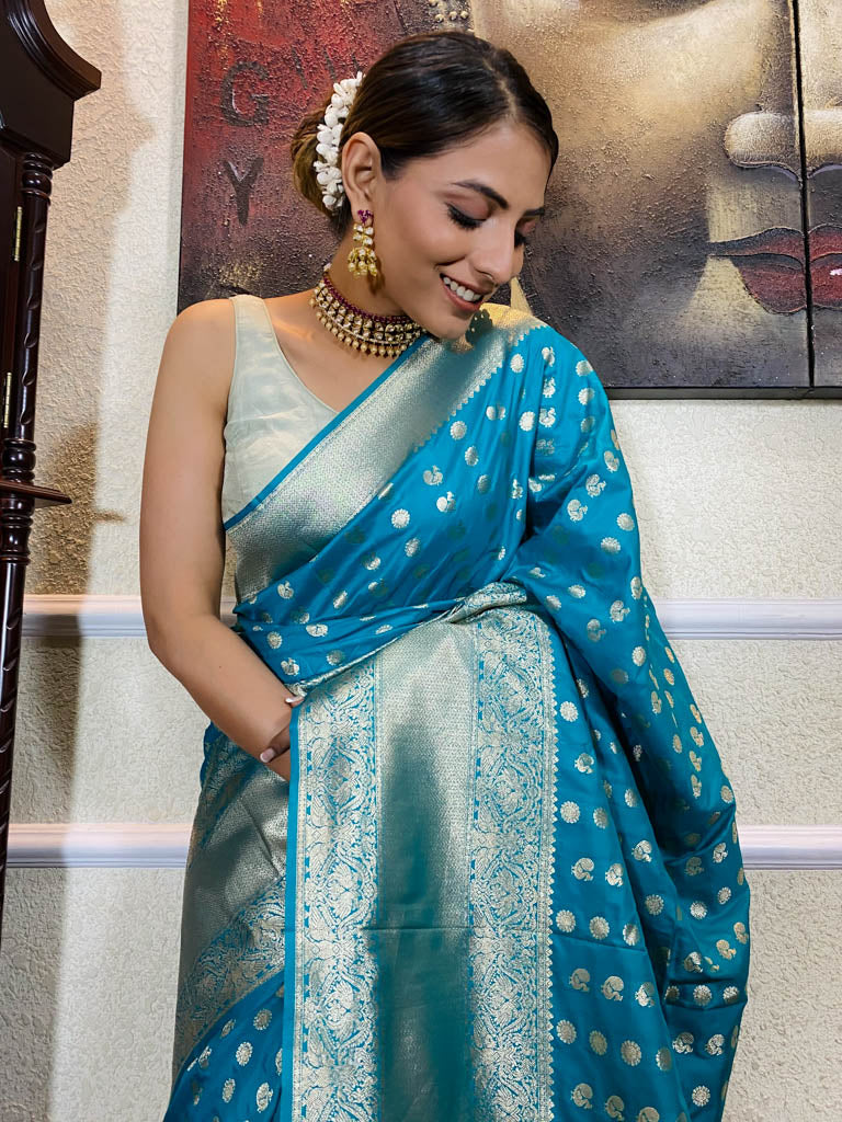 Turquoise Blue Banarasi Silk Handloom Saree