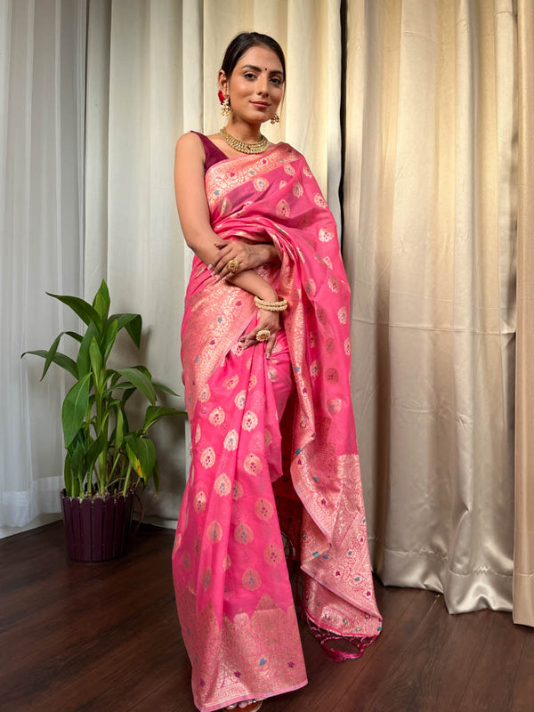 Onion Pink Meenakari Cotton Silk Saree