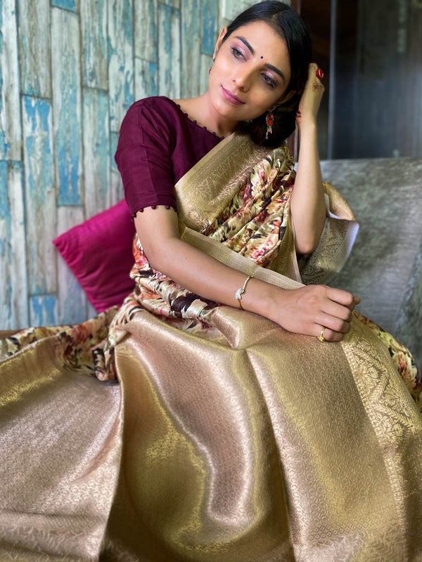 Fawn Yellow Uppada Cotton Silk Saree